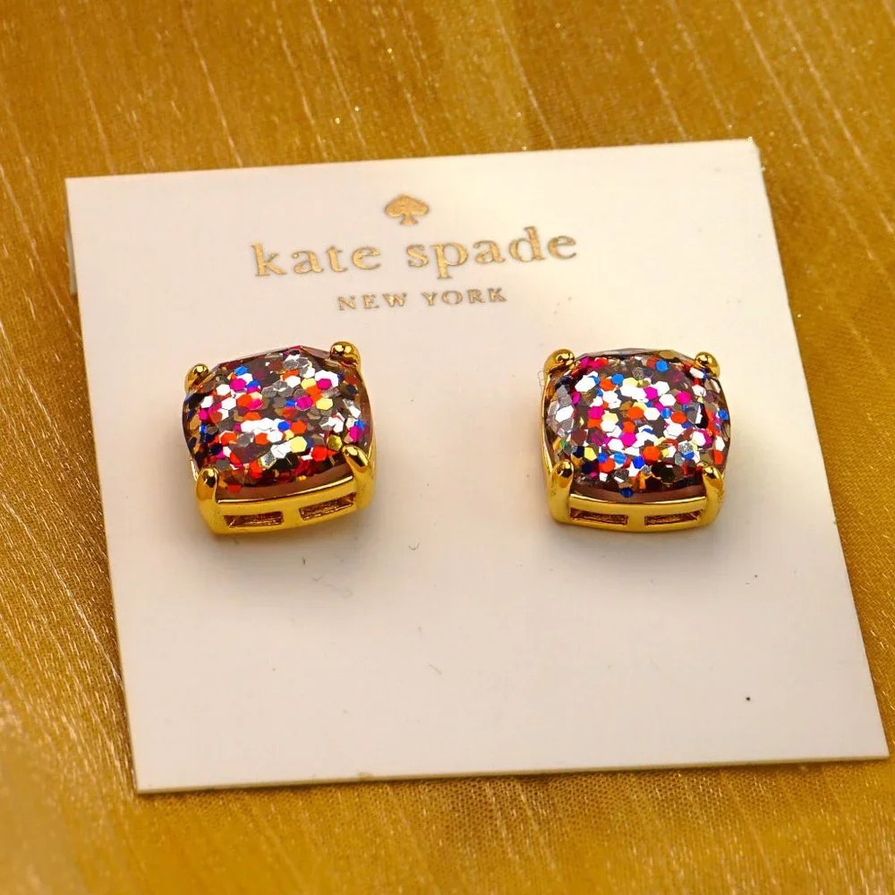 Kate Spade Small Square Studs Earrings in Multi Glitter + Dust Bag - Picture 3 of 3